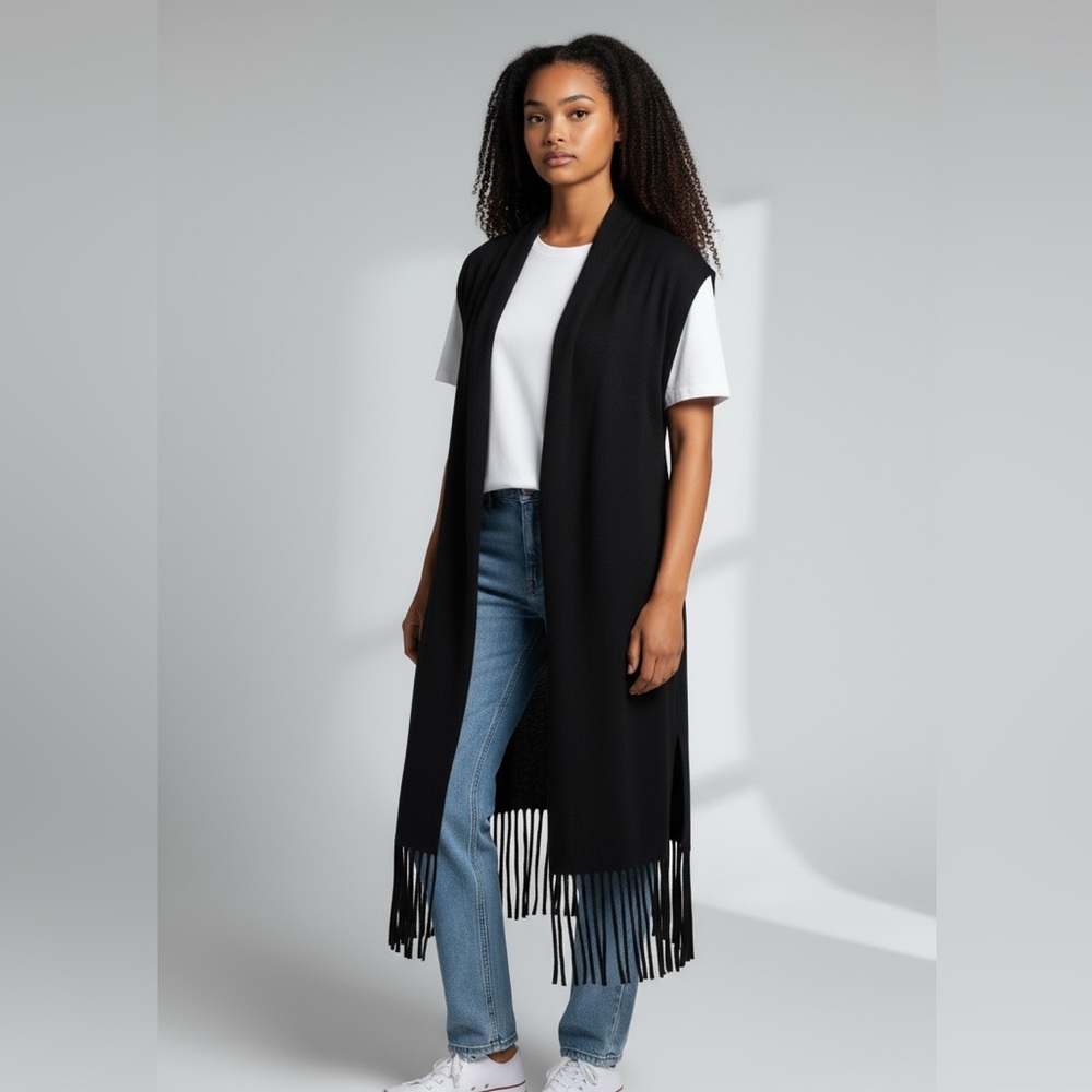 Nygard Knit Fringe Vest Long Line Minimalist Casual Boho Lagenlook